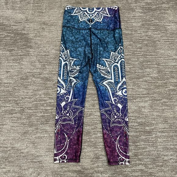 Yoga Democrazy Leggings Womens Small Blue Purple Ombre Mandala Lotus Print Crop - Picture 4 of 11